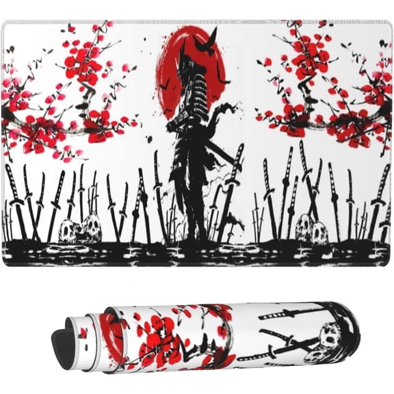 Cherry Blossom XXL Extended Mouse Pad Swords and Warrior Gaming Mousepad Rectangle Large Waterproof Desk Pads Japanese Non-Slip Rubber Desktop Mouse Mat(Size:31.5x11.8in)