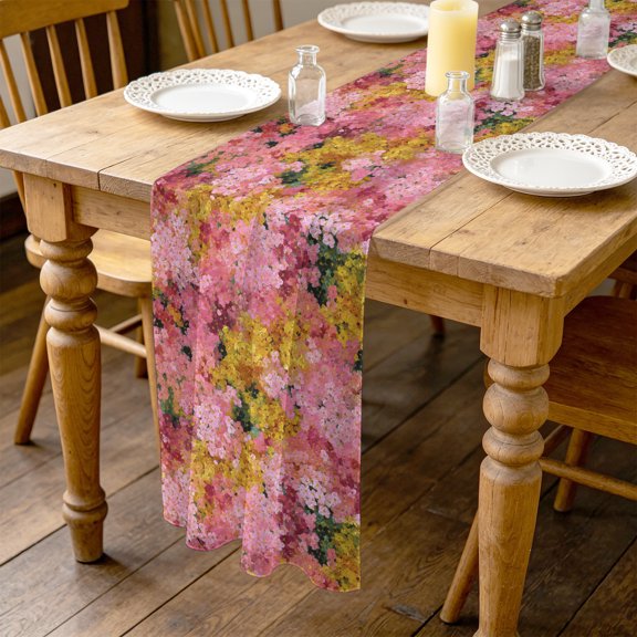 Cherry Blossoms 10ft Cheesecloth Table Runner for Wedding 27"x120", Modern Abstract Art Pink Yellow Green Cherry Oil Painting Kitchen Dinner Sheer Tulle Chiffon Dresser Scarf, Holiday Party Decor