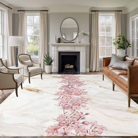 Cherry Blossoms 8'x10' Large Area Rug for Living Room Sectional Sofa, Spring Pink Watercolor Floral Marble Texture Washable Non Slip Low Pile Rectangle Area Rug