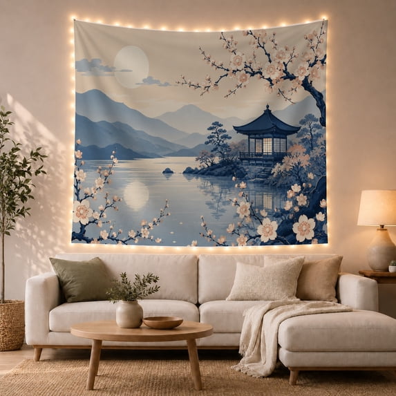 Cherry Blossoms Around a Moonlit Lake by Pavilion, Peaceful Watercolor for Nature Lovers, Lake Wall Art, Housewarming Gift, Tapestry Wall Hanging for Bedroom and Living Room