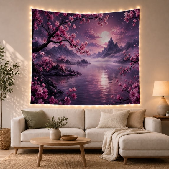 Cherry Blossoms Around a Moonlit Mountain Lake, Mystical Fantasy for Nature Lovers, Night Landscape Decor, Housewarming Gift, Tapestry Wall Hanging for Bedroom and Living Room
