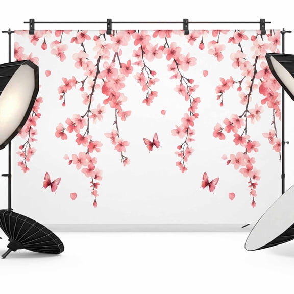 Cherry Blossoms Backdrop for Photography,Fabric Photo Background Backdrop,Spring Botanical Flowers Watercolor Photo Booth Background for Portrait Photoshoot Video Wedding Decoration Banner 7x5ft