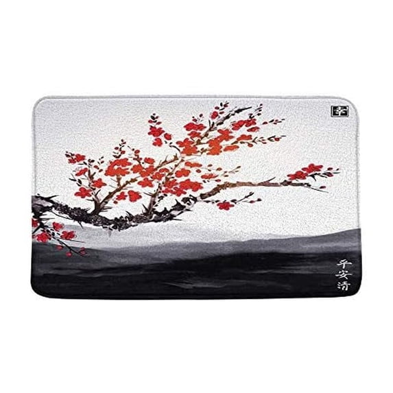 Cherry Blossoms Bath Mat, Vintage Flower Bloom Oriental Japanese Chinese Ink Painting Decor Creative Floral Art Soft Bathroom Mat/Bath Rugs 16x24 in Black Red Gray