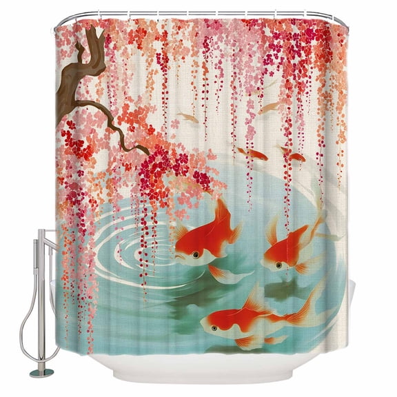 Cherry Blossoms Bathroom Shower Curtains with 12 Hooks Polyester Waterproof Shower Curtain for Stalls and Bathtubs Farmhouse Rustic Goldfish Burlap Decorative Bathroom Privacy Curtain 36x72 Inches