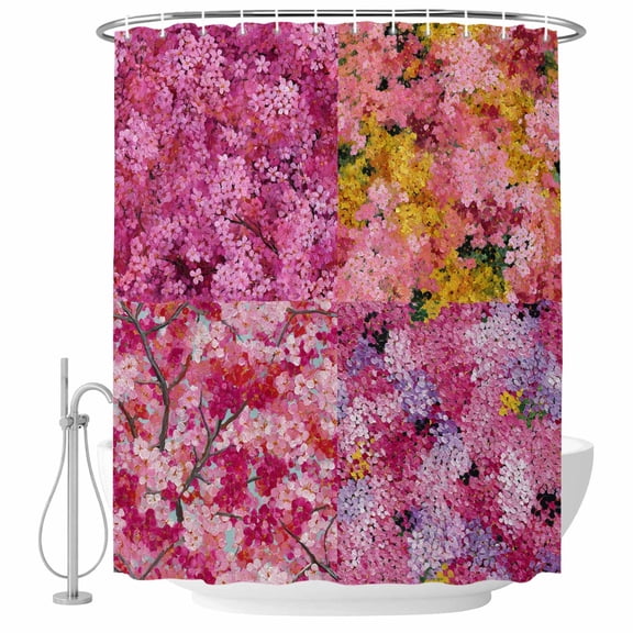Cherry Blossoms Bathroom Shower Curtains with Hooks, Modern Abstract Art Pink Yellow Cherry Oil Painting Waterproof Fabric Washable Shower Curtain for Home Hotel Bathtub Decor 36x72 Inch