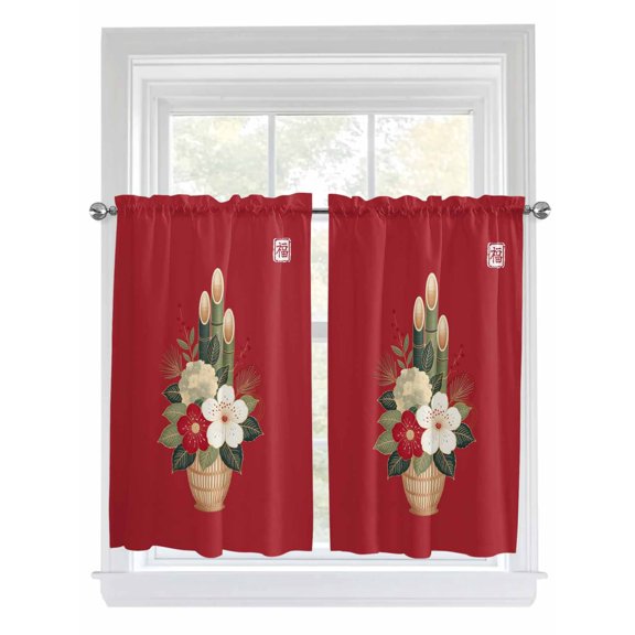 Cherry Blossoms Bathroom Window Curtain, Japanese Spring Floral Leaves Rustic Red Light Filtering Coffee Kitchen Curtains, Bedroom Living Room Curtains 2 Panel 84"x45"