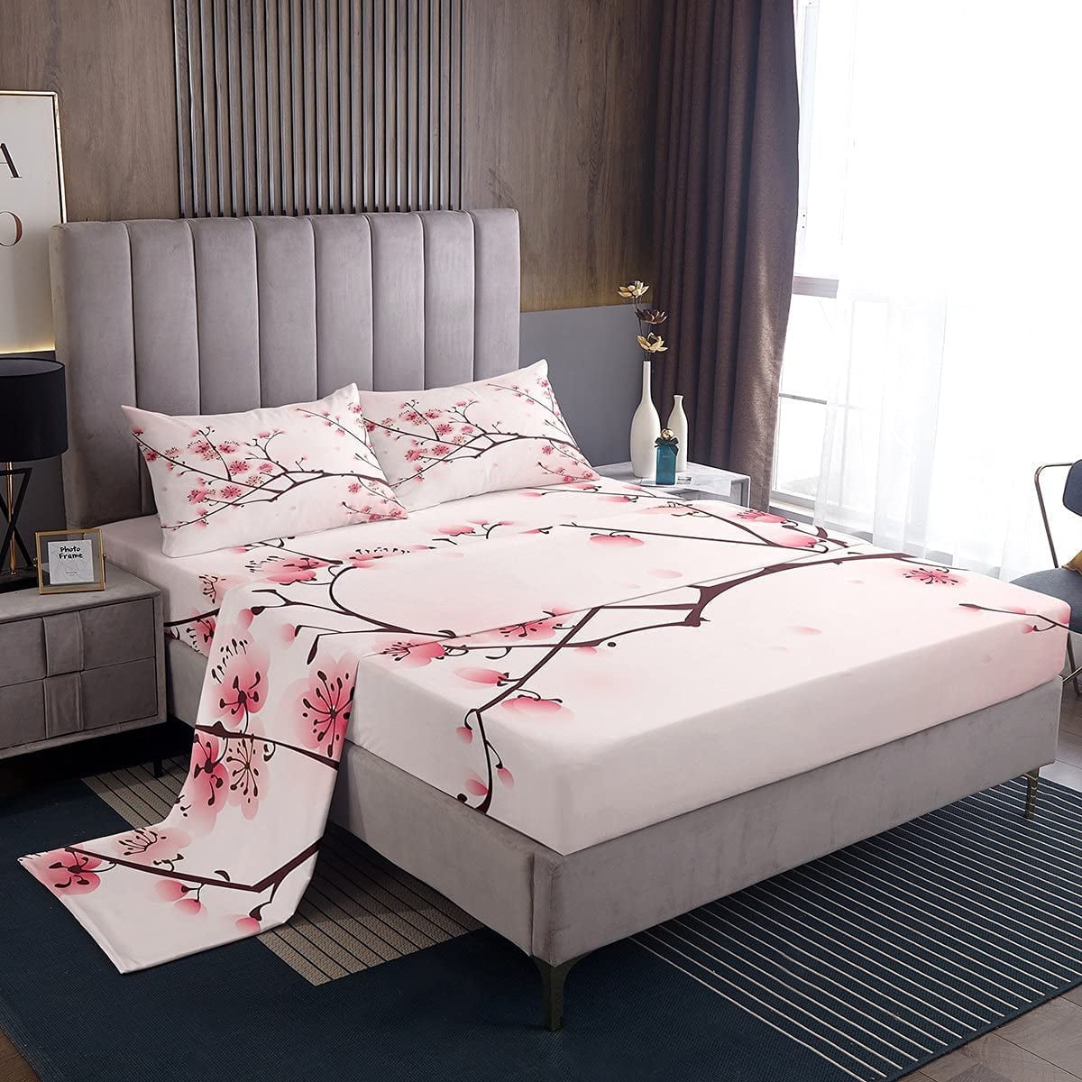 Cherry Blossoms Bed Sheets Pink Floral Sheet Set Full 4 Pcs Japanese ...