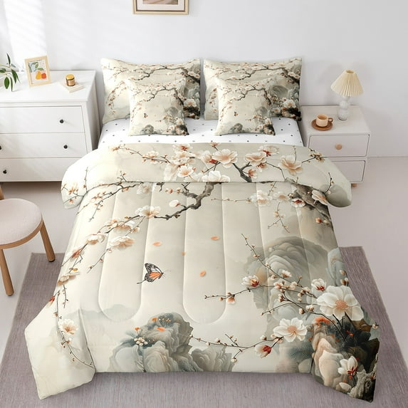 Cherry Blossoms Bedding Queen Size 7pcs Girly Floral Comforter Set,Cute Butterfly Animal Bedding Comforter Sets Spring Flower Bed in a Bag Oriental Japanese Style Bed Sheets Set Home Decor