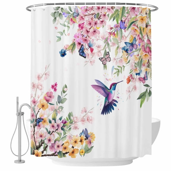 Cherry Blossoms Bird Bathroom Shower Curtains with Hooks, Colorful Flowers Butterfly Waterproof Fabric Washable Shower Curtain for Home Hotel Bathtub Decor 36x72 Inch