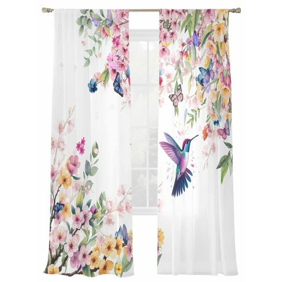 Cherry Blossoms Bird Sheer Curtains 108 Inch Long 2 Panels, Colorful Flowers Butterfly Light Filtering Rod Pocket Semi Sheer Curtains, Sheer Voile Drapes for Living Room Bedroom, 52"x108"