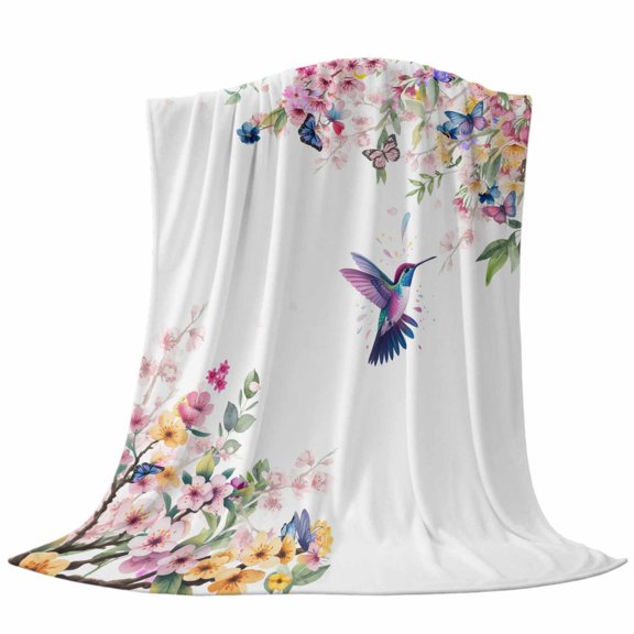 Cherry Blossoms Bird Throw Flannel Blanket Colorful Flowers Butterfly Super Soft Cozy Bed Blanket, Lightweight Plush Fuzzy Bed Throw for Bedroom Sofa Couch Living Room 30x40In,