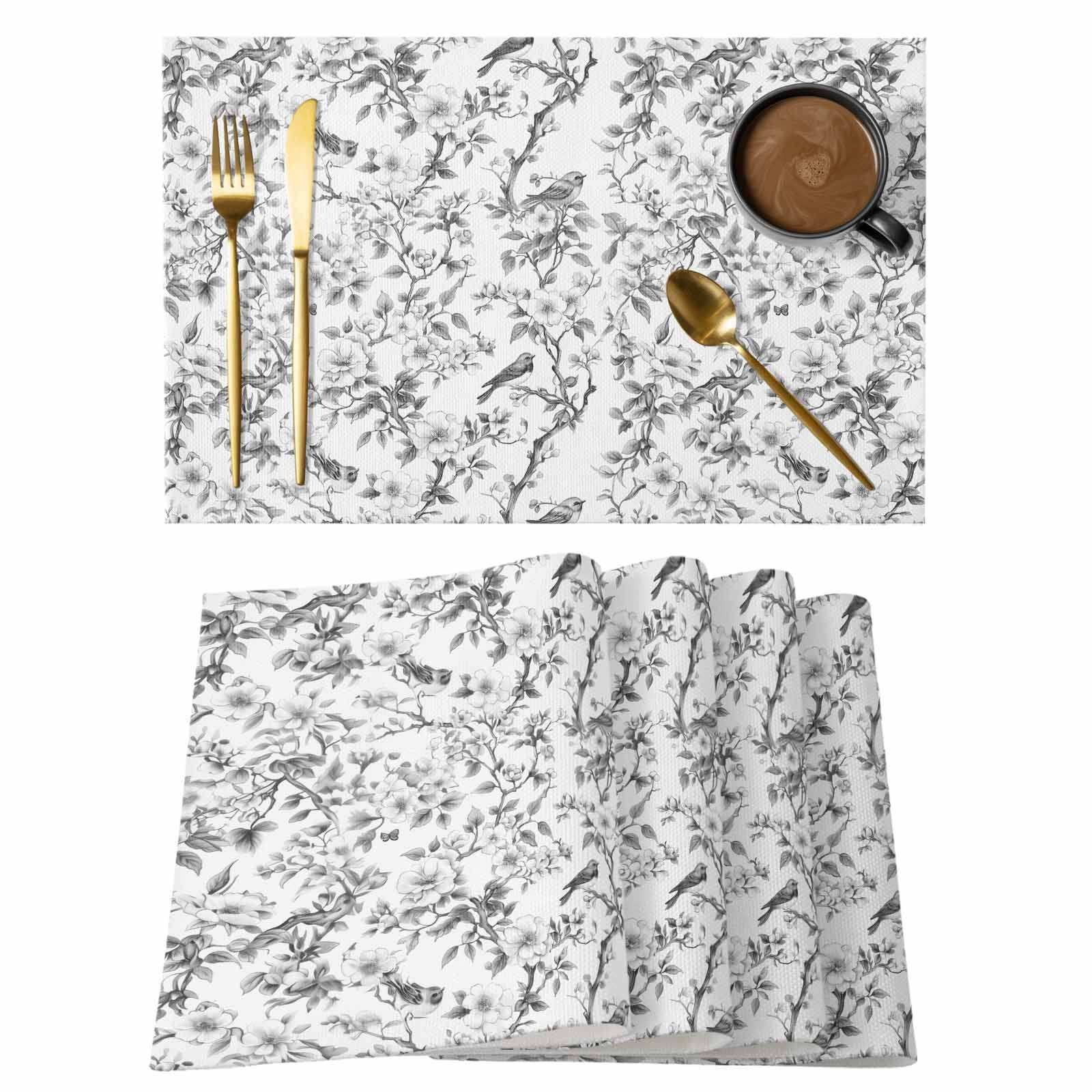 Cherry Blossoms Birds Placemats Set of 8, Leaf Branches Plants Non-Slip ...