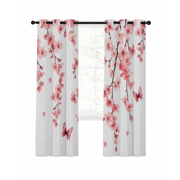 Cherry Blossoms Blackout Curtains 72 Inches Long for Bedroom, Spring Botanical Flowers Watercolor Thermal Insulated Room Darkening Black Out Window Curtain Panels Grommet Drapes for Living Room