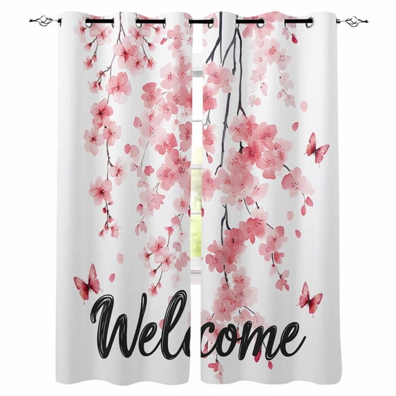 Cherry Blossoms Blackout Curtains for Bedroom Living Room Darkening Curtains 63 Inches Long Butterfly Pink Flower Pastoral Spring Window Curtain 2 Panels Set Window Treatment Grommet Drapes 52"x63"