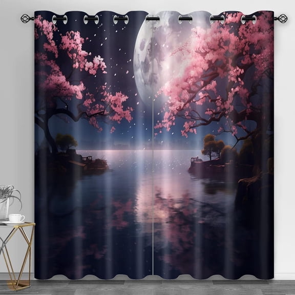 Cherry Blossoms Blackout Curtains, Japanese Anime Curtains For Living Room Bedroom, Japanese Moon Curtain, Thermal Insulated Grommet Drapes Home Decor 42"W x 63"L (Pack of 2)