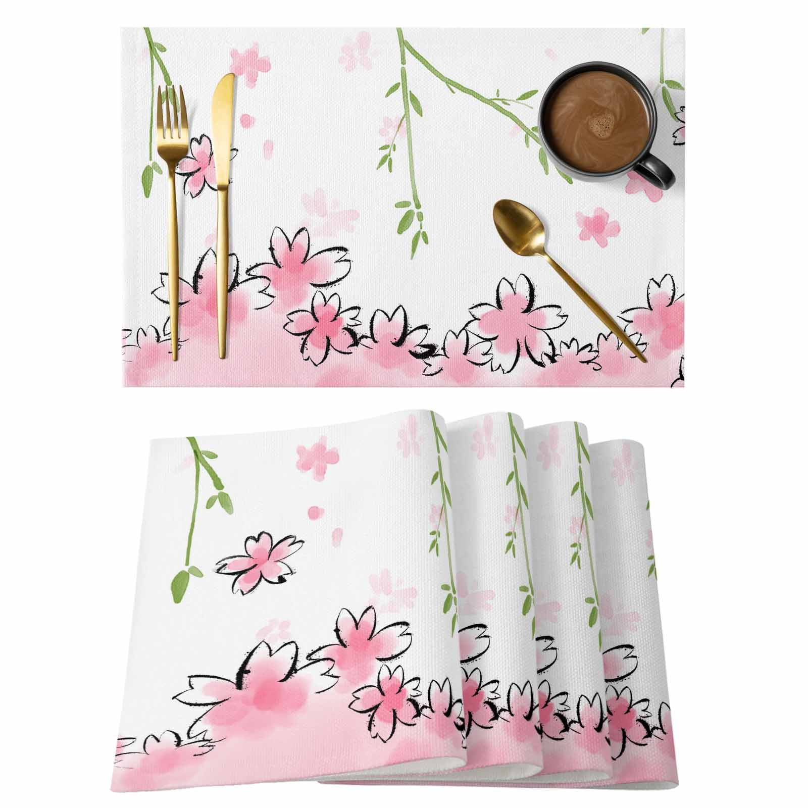 Cherry Blossoms Branches Placemats Set of 6, Pink Floral Non-Slip Place ...