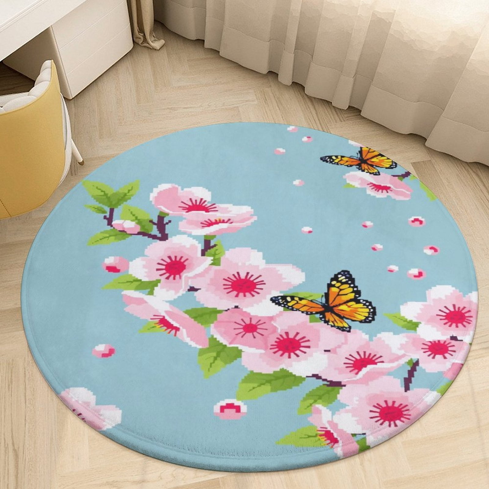 Cherry Blossoms Butterflies Spring Round Rugs Non-slip Area Rug for ...