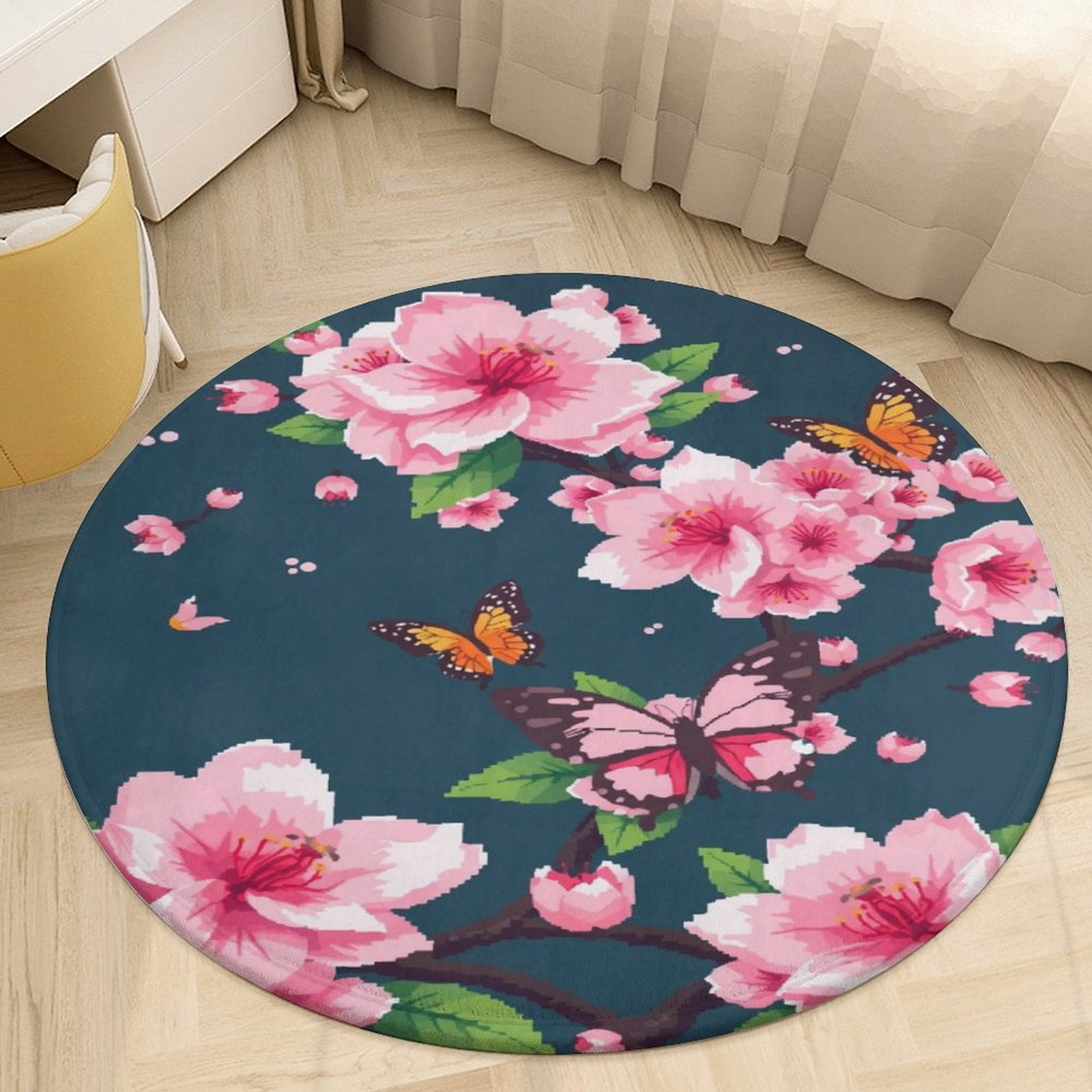 Cherry Blossoms Butterflies Spring Round Rugs Non-slip Area Rug for ...