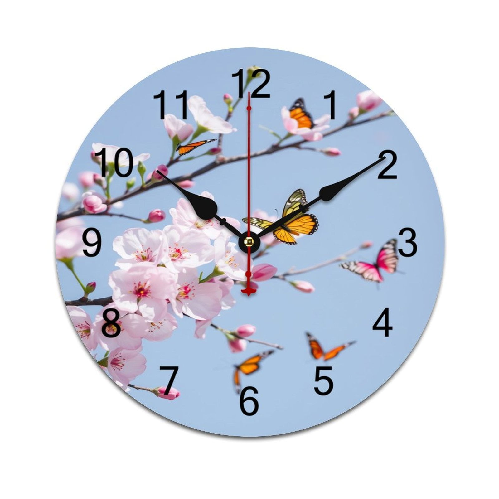 Cherry Blossoms Butterflies Spring Round Wall Clock Modern Design Home