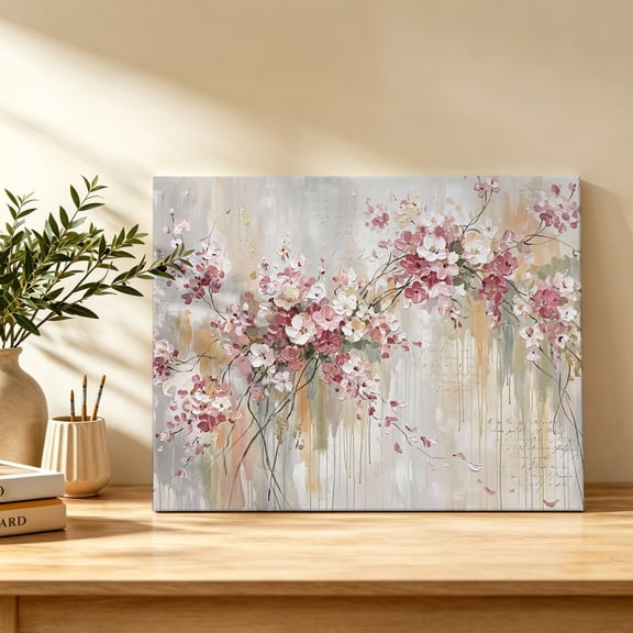 Cherry Blossoms Canvas Wall Art, Pink Floral Abstract Branches Oil Painting Texture Wall Art Prints Artwork Framed Canvas Ready to Hang Art Pictures for Bathroom Bedroom Entry Desk Corner 10" x 8"