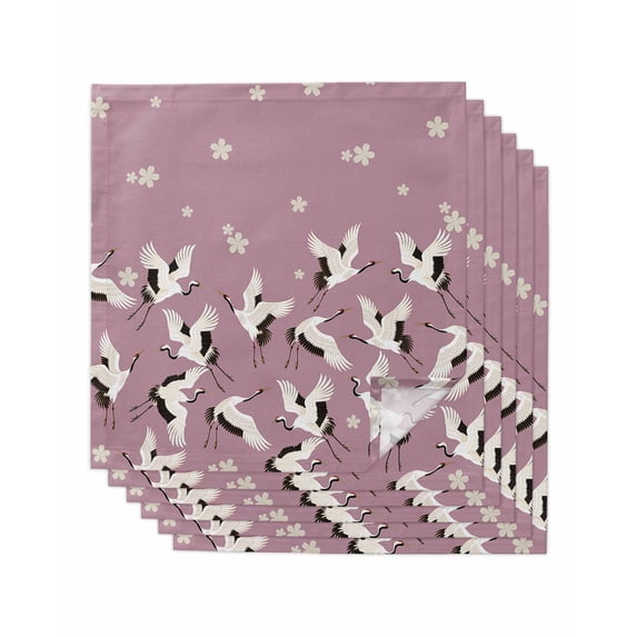 Cherry Blossoms Cloth Napkins Set of 6 Reusable Dinner Napkins, White Crane Harmony Pink Cocktail Napkin Washable Table Napkins for Wedding/Holiday Party/Baby Shower 20"x20"
