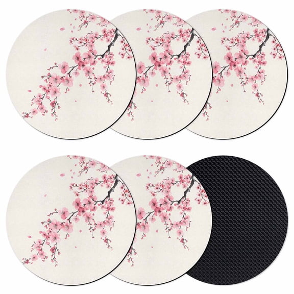 Cherry Blossoms Coasters Set of 6, Pink Flower Floral Spring Nature Country Absorbent Coasters for Drinks, Coaster for Bar Office Dining Coffee Table Accessories Decor, Non Slip Round Desk Coaster