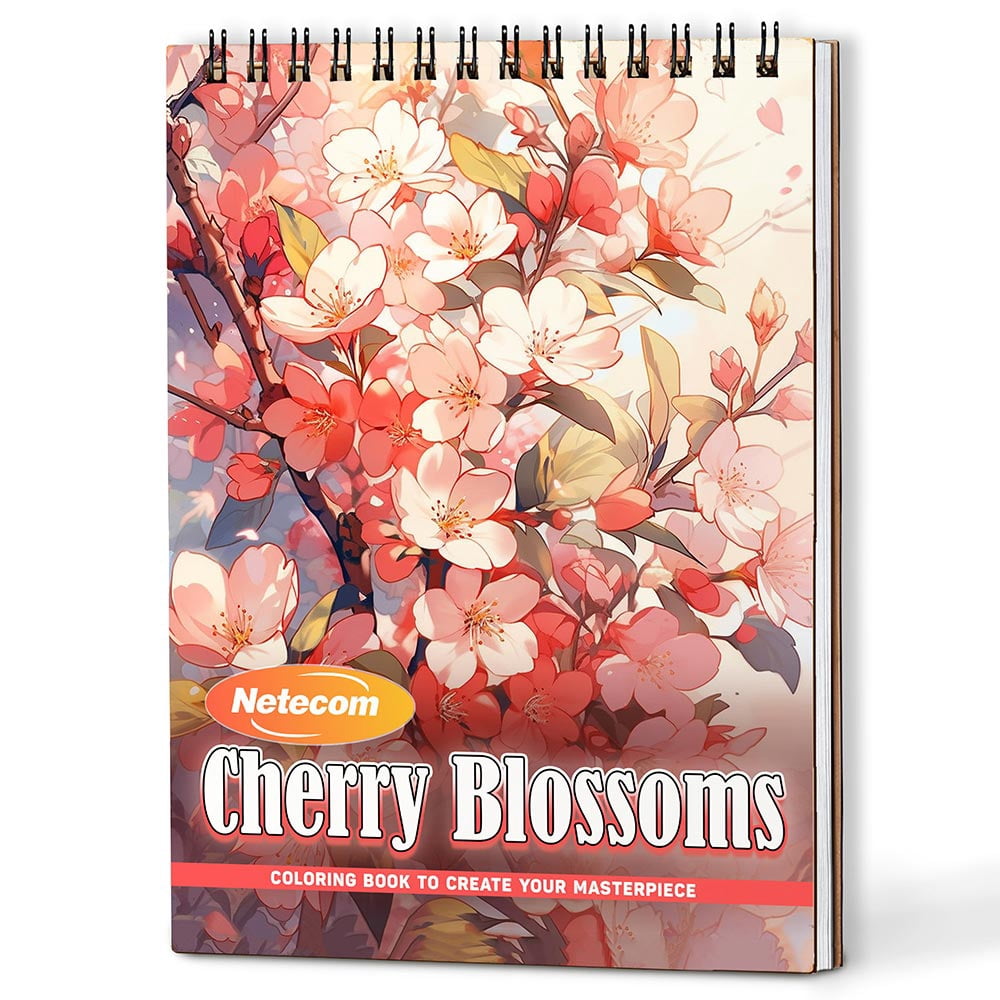 Cherry Blossoms Coloring Book Spiral Bound For Adults, A5 Wooden Cover, 30 Serene Coloring Pages of Blooming Cherry Trees for Stress Relief and Relaxation