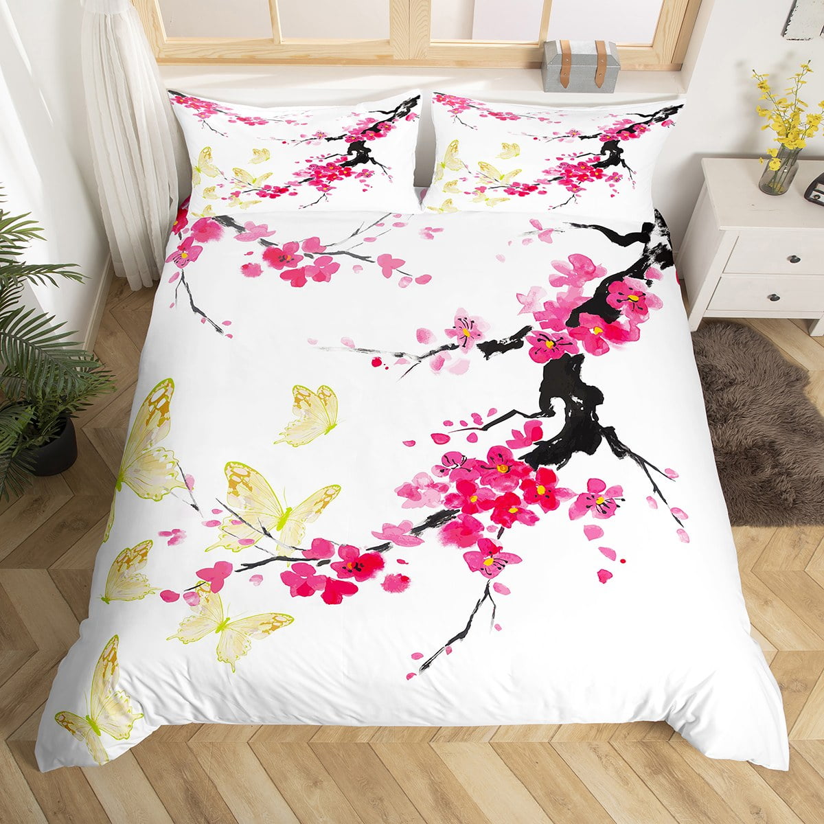 Cherry Blossoms Comforter Cover Girls Pink Floral Duvet Cover Queen