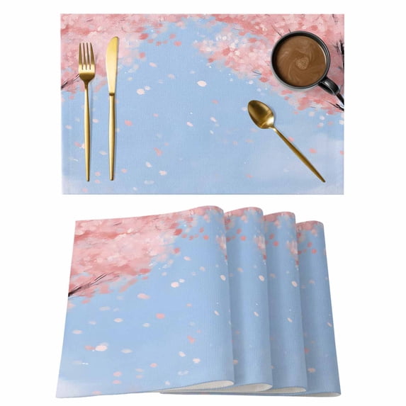 Cherry Blossoms Cotton Linen Placemats Set of 12, Pink Falling Flowers ...