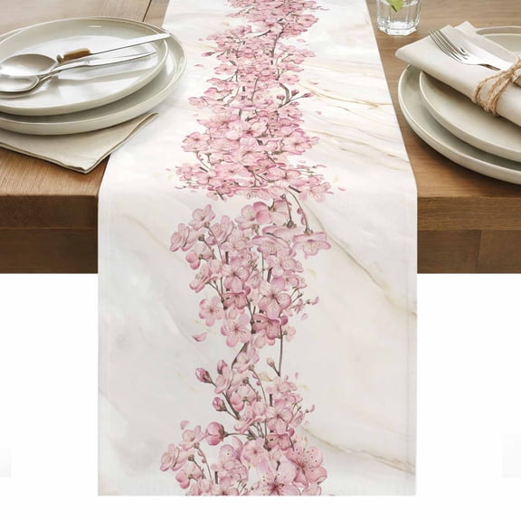 Cherry Blossoms Cotton Linen Table Runner Spring Pink Watercolor Floral Marble Texture Dining Table Runners for Home Decor Party Dining Room Restaurant Kitchen Party 13" x 48"