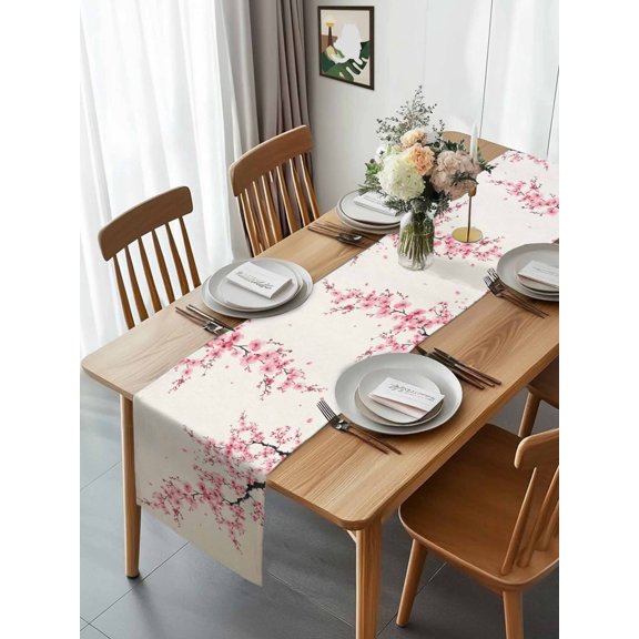 Cherry Blossoms Country Pink Flower Table Runner 13x70in Non-Slip Cotton Linen Table Runners, Retro Linen Dresser Scarves TableRunner for Dinner Kitchen Dining Wedding Party