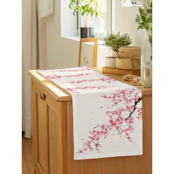 Cherry Blossoms Country Pink Flower Table Runner 13x90in Non-Slip Cotton Linen Table Runners, Retro Linen Dresser Scarves TableRunner for Dinner Kitchen Dining Wedding Party