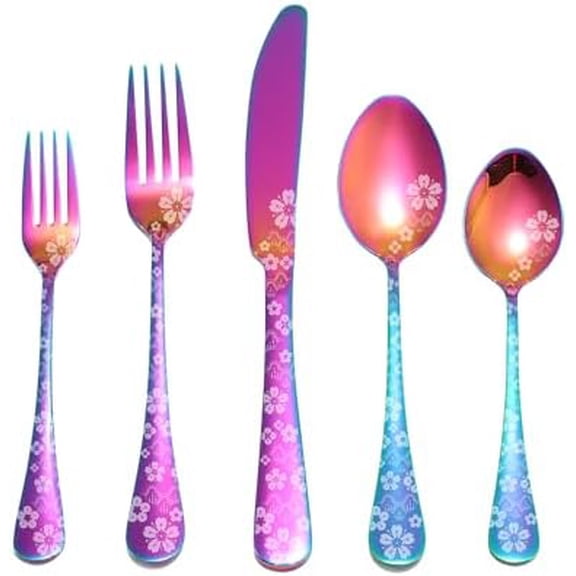Cherry Blossoms Cutlery Set 20 Pieces Stainless Steel Flatware Set Service for 4 Utensils For Home Kitchen Wedding Laser Engraved Dishwasher Safe All Rainbow$$Home Decor, Kitchen, & Other