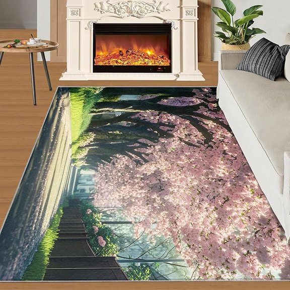 Cherry Blossoms Decor for Home - Pink Flowers Rug, City Street Area Rugs for Living Room Bedroom, Washable & Non Slip & Soft Large Rugs, New York Home Decor 1x2ft