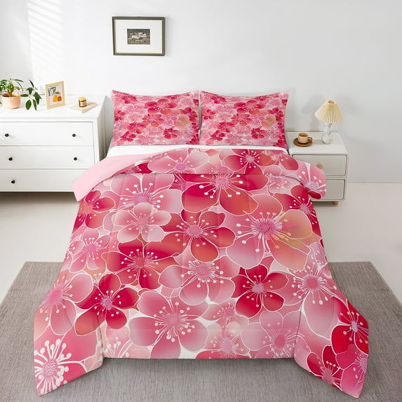 Cherry Blossoms Down Comforter Sakura Decor Queen Bedding Sets,Pink Flowers Comforter Set Teens Garden Florals Bed Set