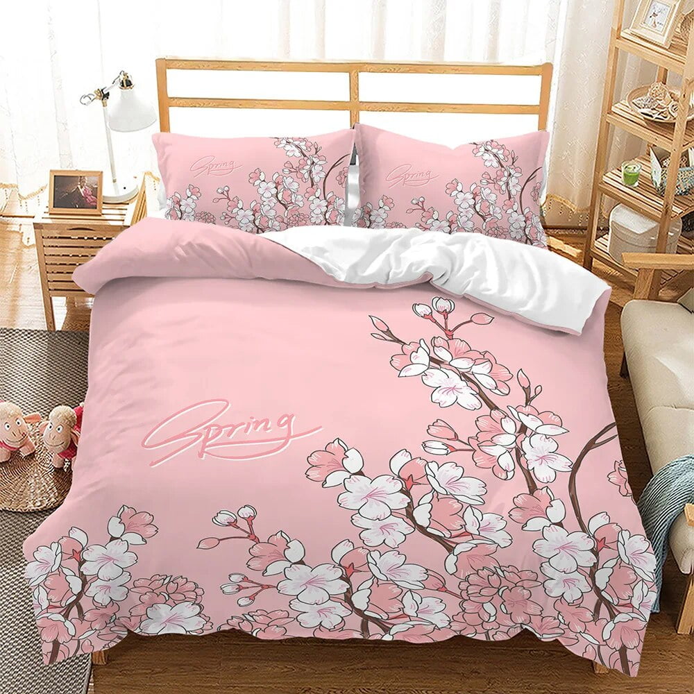 Cherry Blossoms Duvet Cover Set Japanese Style Polyester Comforter