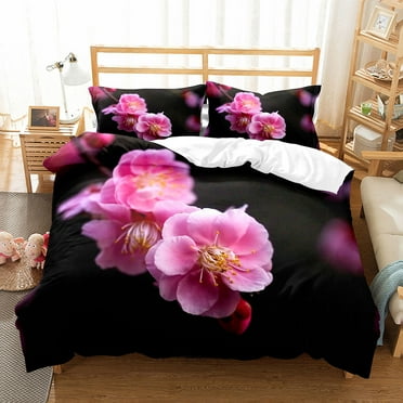 Cherry Blossoms Duvet Cover Set King Full Size Pink Flower Polyester Comforter Cover for Kids Teens Adults Bedding Set
