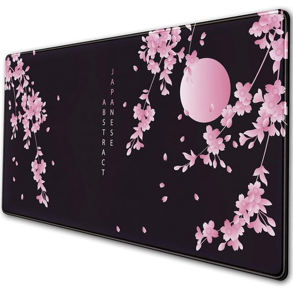 Cherry Blossoms Extended Mouse Pad Large Keyboard Mousepad Japanese Style Desktop Mat, Non-Slip Rubber Base with Stitched Edge XXL Black Large Desk Pad for Computer Laptop PC 31.5x15.7 Inch