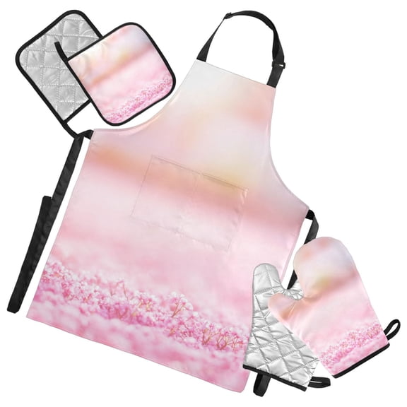 Cherry Blossoms Fall on Ground 5 Pcs Kitchen Set Heat Resistant Oven Mitts and Non-Slip Pot Holders with Adjustable Cooking Apron