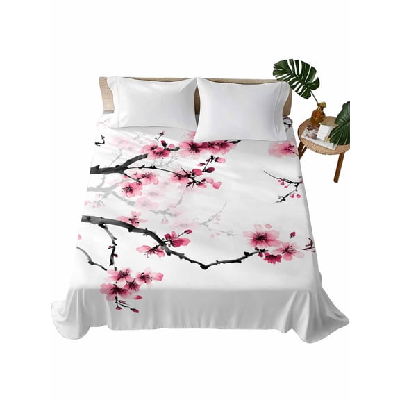 Cherry Blossoms Flat Sheets Only Queen Size, Soft Breathable Bed Top Sheets for Mattress, Pink Pastoral Modern Gradient Spring Luxury Bedding Flat Sheets for Home Hotel Bedroom Bed Protection