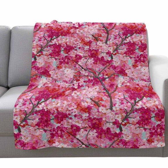 Cherry Blossoms Fleece Throw Blanket Lightweight Modern Abstract Art Pink Cherry Branch Oil Painting Fuzzy Flannel Throws Super Soft Cozy Flannel Blanket for Couch, Sofa, Bed, Travel 50"x80"