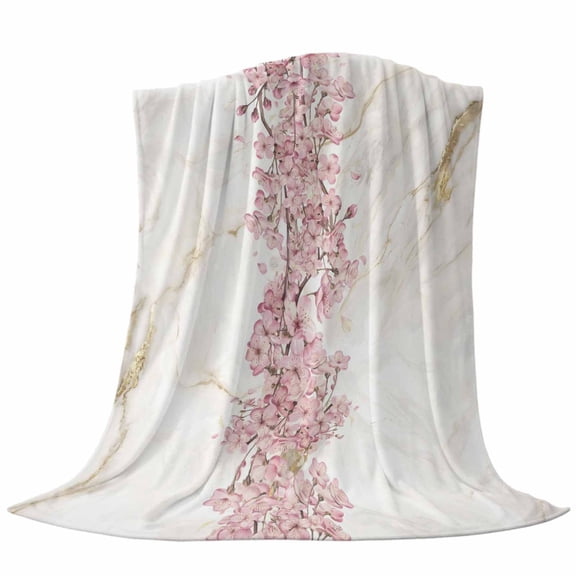 Cherry Blossoms Fleece Throw Blanket Spring Pink Watercolor Floral Marble Texture Ultra Soft Fuzzy Cozy Flannel Throw Blanket for Couch Sofa Bed Car Travel, Ideal Gifts 40x50 Inches
