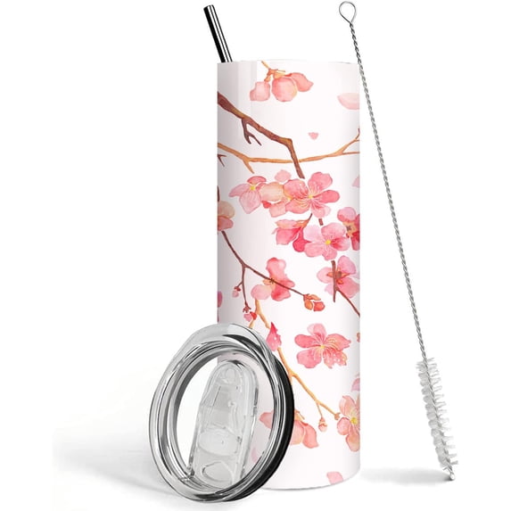 Cherry Blossoms Floral Plant Skinny Tumblers,Vacuum Insulated Tumbler With Straw, 20 Oz Travel Tumbler,Birthday Gift for Women,Mom,Bridesmaid,Sister Co-worker,Boss and Friends