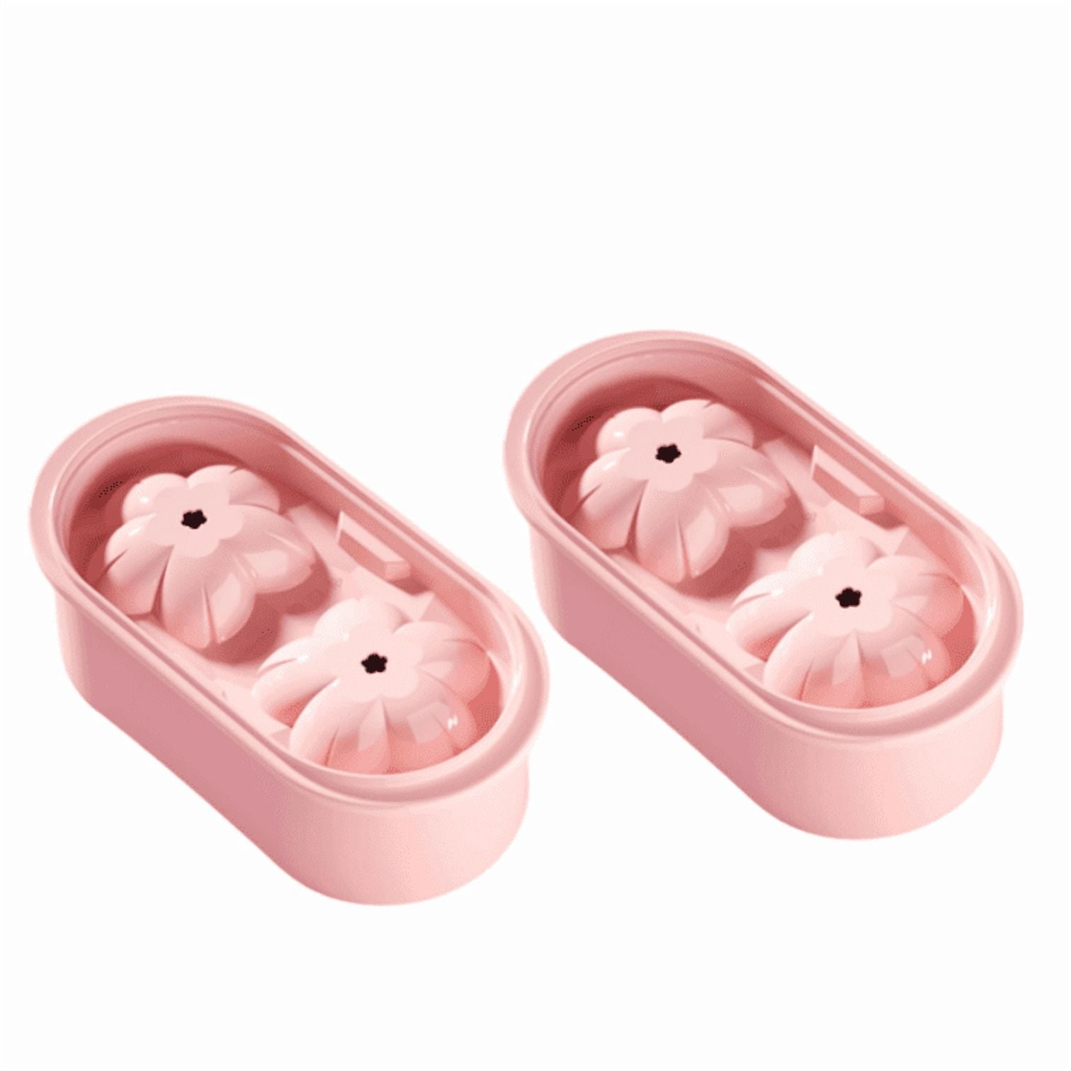 Cherry Blossoms Ice Cube Trays with Covers, 2 Cavity Non-Stick Reusable Ice Maker Mould Quick Release Large Ice Form for Chilled Cocktails and Juice 2PCS Pink