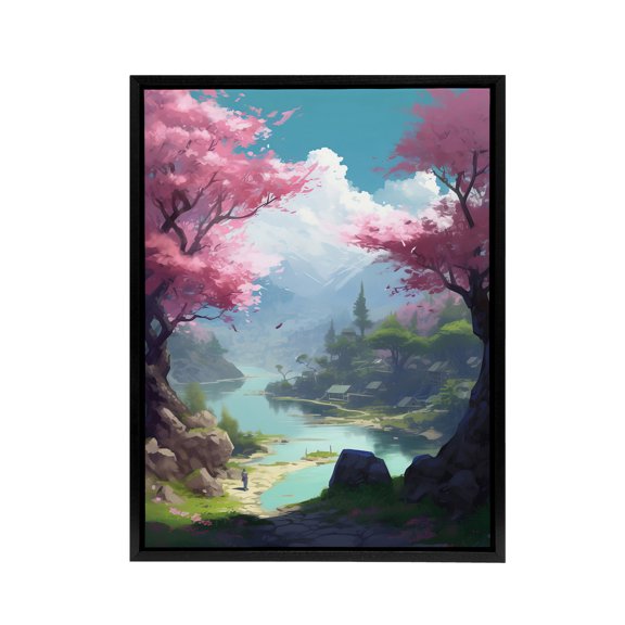 Cherry Blossoms In Forest Lake Landscape Black Framed Canvas Art Print 12X16"