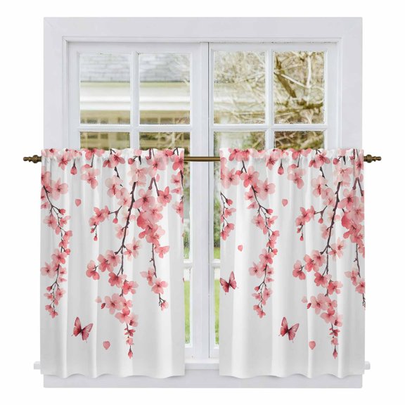 Cherry Blossoms Kitchen Curtains, Spring Botanical Flowers Watercolor Light Filtering Window Curtain Panels, 2Pcs Rod Pocket Window Treatments Set for Cabin Bathroom Bedroom 52x45 Inches
