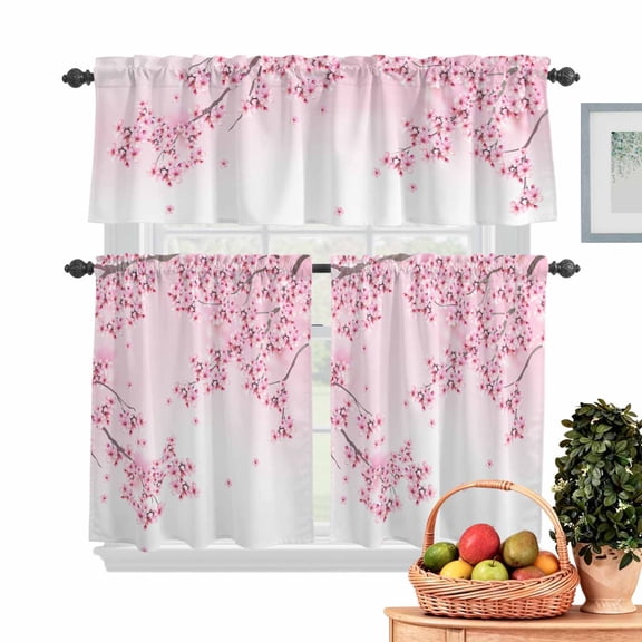 Cherry Blossoms Kitchen Curtains Valances 3 Piece Set, Spring Flower Pink Gradient Background Rod Pocket Tier Curtain and Valance Drapes for Small Window 24 Inch Length for Bedroom Cafe