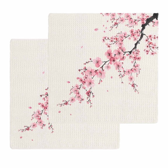 Cherry Blossoms Kitchen Dish Towels for Drying Dishes Set of 2, Pink Flower Floral Spring Nature Country Waffle Weave Microfiber Hand Tea Bathroom Towels Quick Dry & Absorbent Towel 12x12