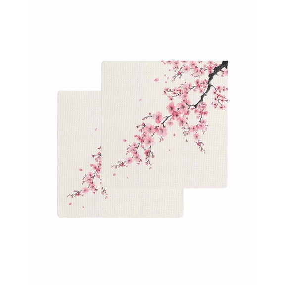 Cherry Blossoms Kitchen Dish Towels for Drying Dishes Set of 2, Pink Flower Floral Spring Nature Country Waffle Weave Microfiber Terry Hand Tea Bathroom Towels Quick Dry & Absorbent Towel 12x12