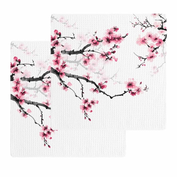 Cherry Blossoms Kitchen Dish Towels for Drying Dishes Set of 2, Pink Pastoral Modern Gradient Spring Waffle Weave Microfiber Hand Tea Bathroom Towels Quick Dry & Absorbent Towel 12x12